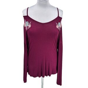 Pink Rose Off Shoulder SZ L NWT Deep Burgundy Red Floral‎ Embroidered Knit Top